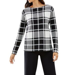 J. Jill Jacquard Knit Plaid Pullover Sweater Boat Neck Academia Winter Black